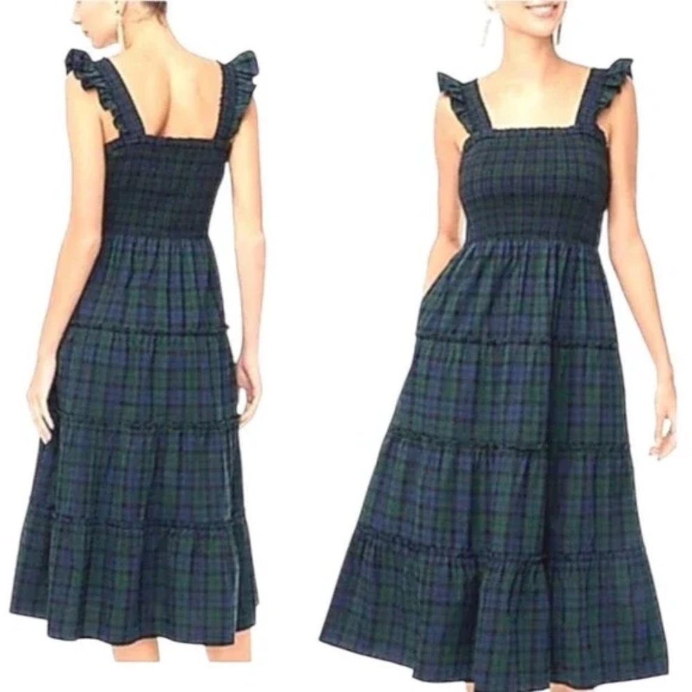 J.Crew Midi Dress Green Tartan Plaid Smocked Poplin Tiered XXS